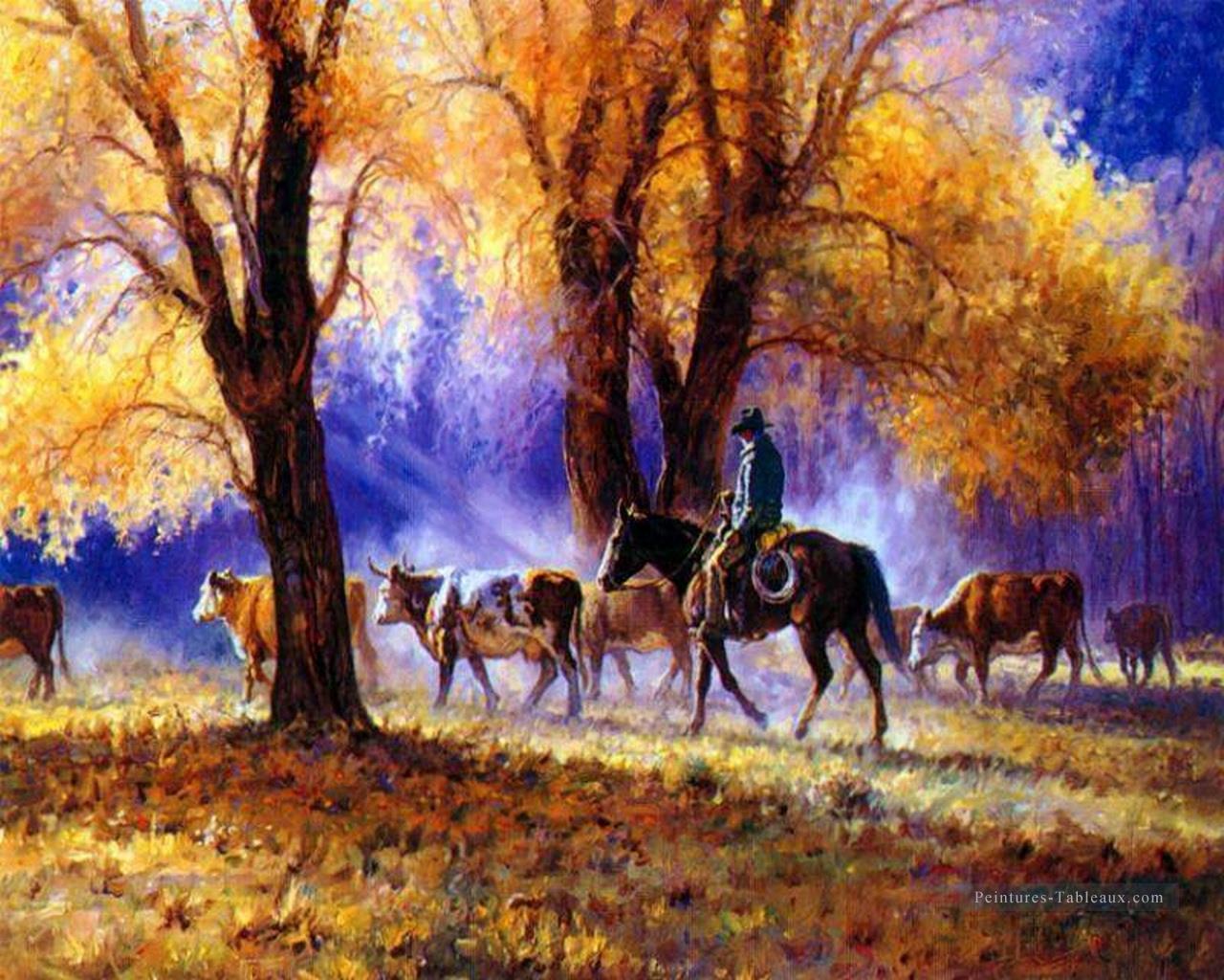 cowboy marchant dans les bois d’automne Peintures à l'huile